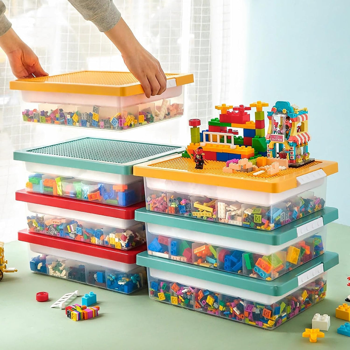 Toys Storage Organizer Box for Lego, Toy Storage Box with Building Plate Lid and Removable Tray, Building Block Storage, Stackable Plastic Organizer Bins(Yellow)