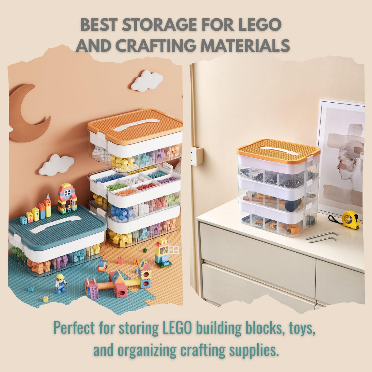 3-Tier Stackable Toy Storage with Building Block Lid & Bricks Organizer