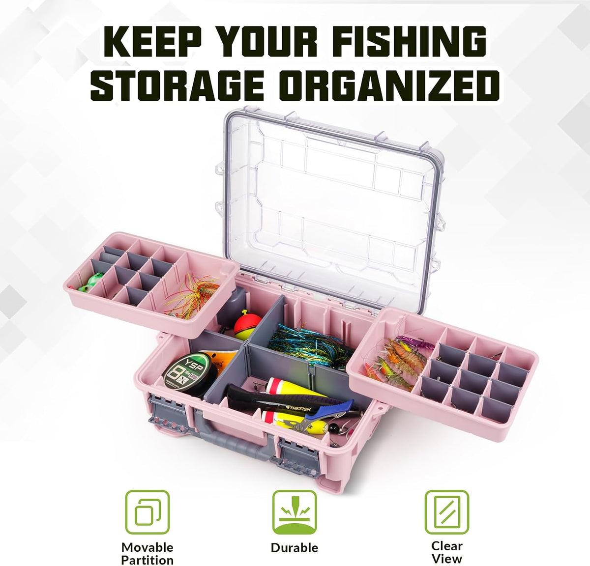 THKFISH Waterproof Tackle Box, Portable Fishing & Tackle Storage Box with Two 3500 Stowaway Boxes and Removable Dividers, Tackle Box, Thicker Floating Airtight Stowaway,Pink/Green/Blue/Grey