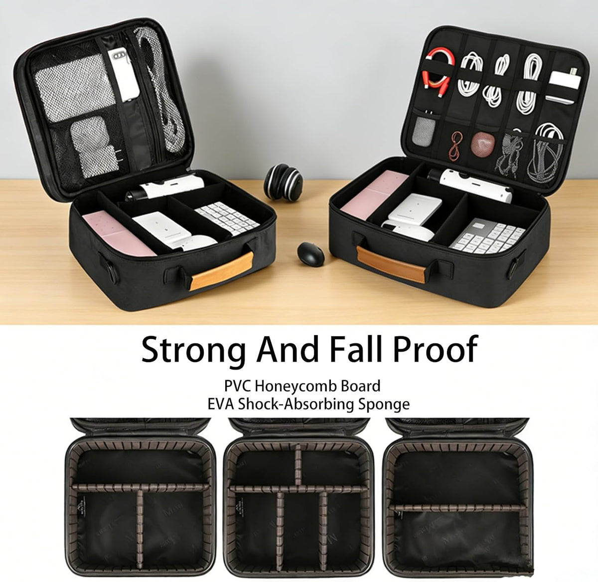 Extra Large Electronics Organizer Travel Case, Cable Organizer Bag with Shoulder Strap, Electronics Accessories Storage Double Layer Bags for Cord, Tablet, Headphone, Charger, Tools, DJ Gifts-Black