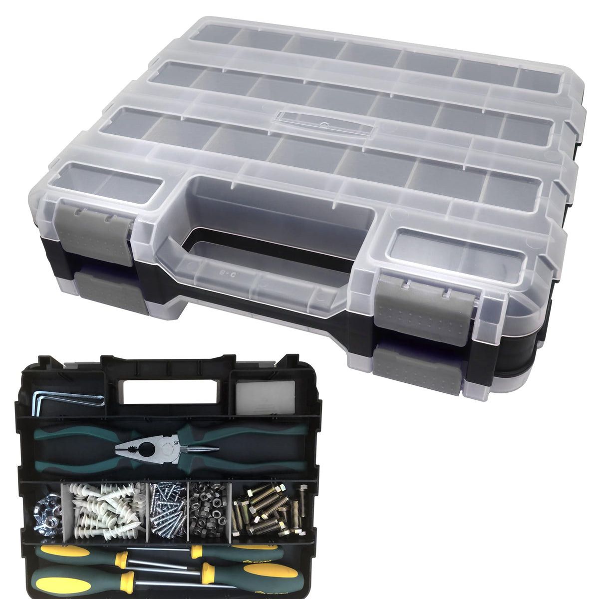 Tools Organizer Box Small Parts Storage Box 50-Compartment Double Side Hardware Organizers with Removable Plastic Dividers for Screws, Nuts, Nails, Bolts, Purple