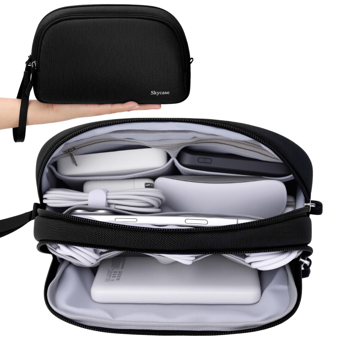 Skycase Electronics Travel Organizer 9 Compartment Dual Layer Tech Pouch Lightweight Water Resistant Travel Cable Organizer Bag for Chargers Cords Phone Power Bank Tech Essentials and Daily Items