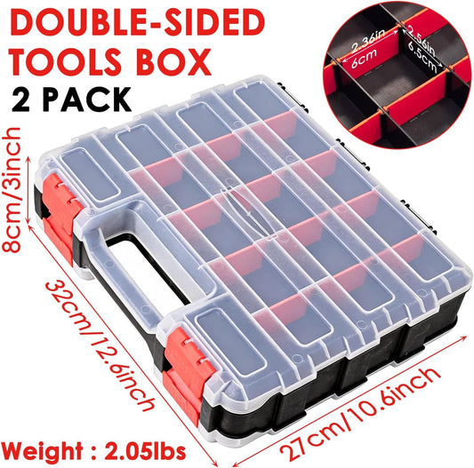 2Pack Small Parts Tools Box, Double Side Storage Case with 34 Compartments, Portable Hardware Storage Box Organizer for Screws Nuts Nails Bolts (Red)