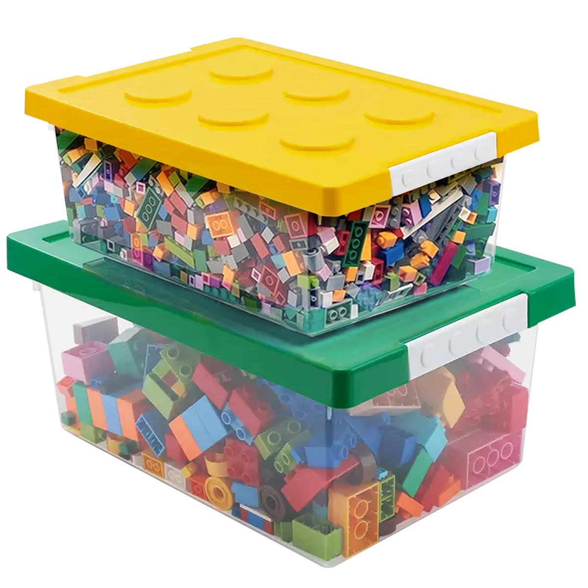 Plastic Storage Bins with Lids - Stackable Toy Storage Organizer Box Set of 2, Toy Chests with Compatible Building Baseplate and Lid, Storage Container for Building Bricks - Red+Blue