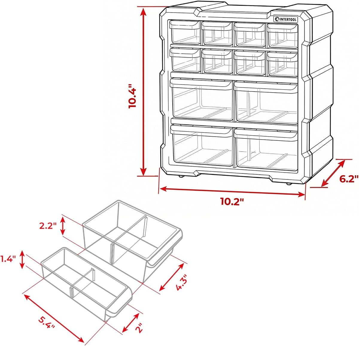 INTERTOOL Small Parts Organizer - 12 Removeable Bin Drawers - Tool Box for Storing Hardware and Garage Organization - For Screws, Bolts, Legos, Arts and Crafts - 10” x 10” x 6” - BX08-4024