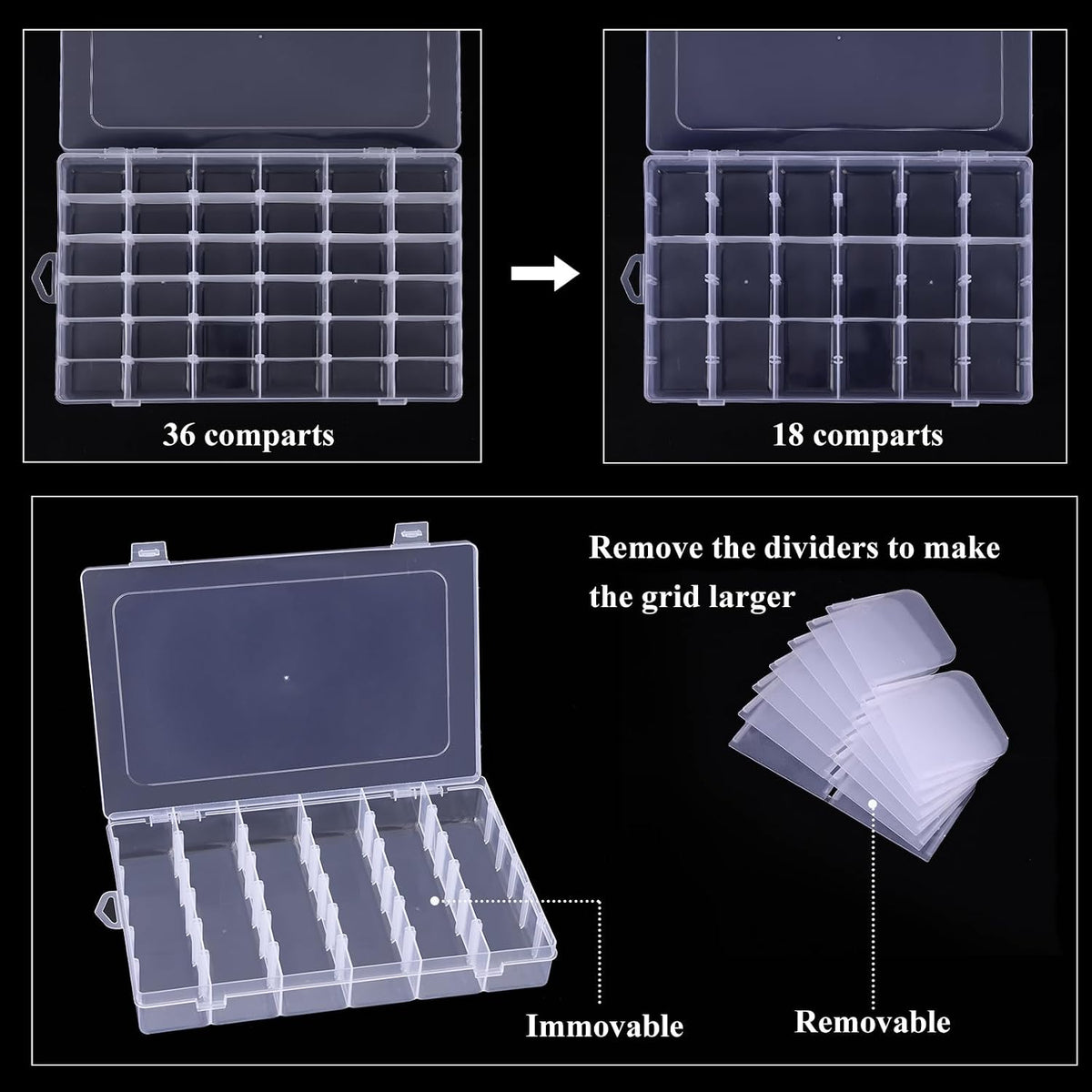 Bead Organizer Storage 4 Pack 36 Grid Jewelry Tackle Craft Box Adjustable