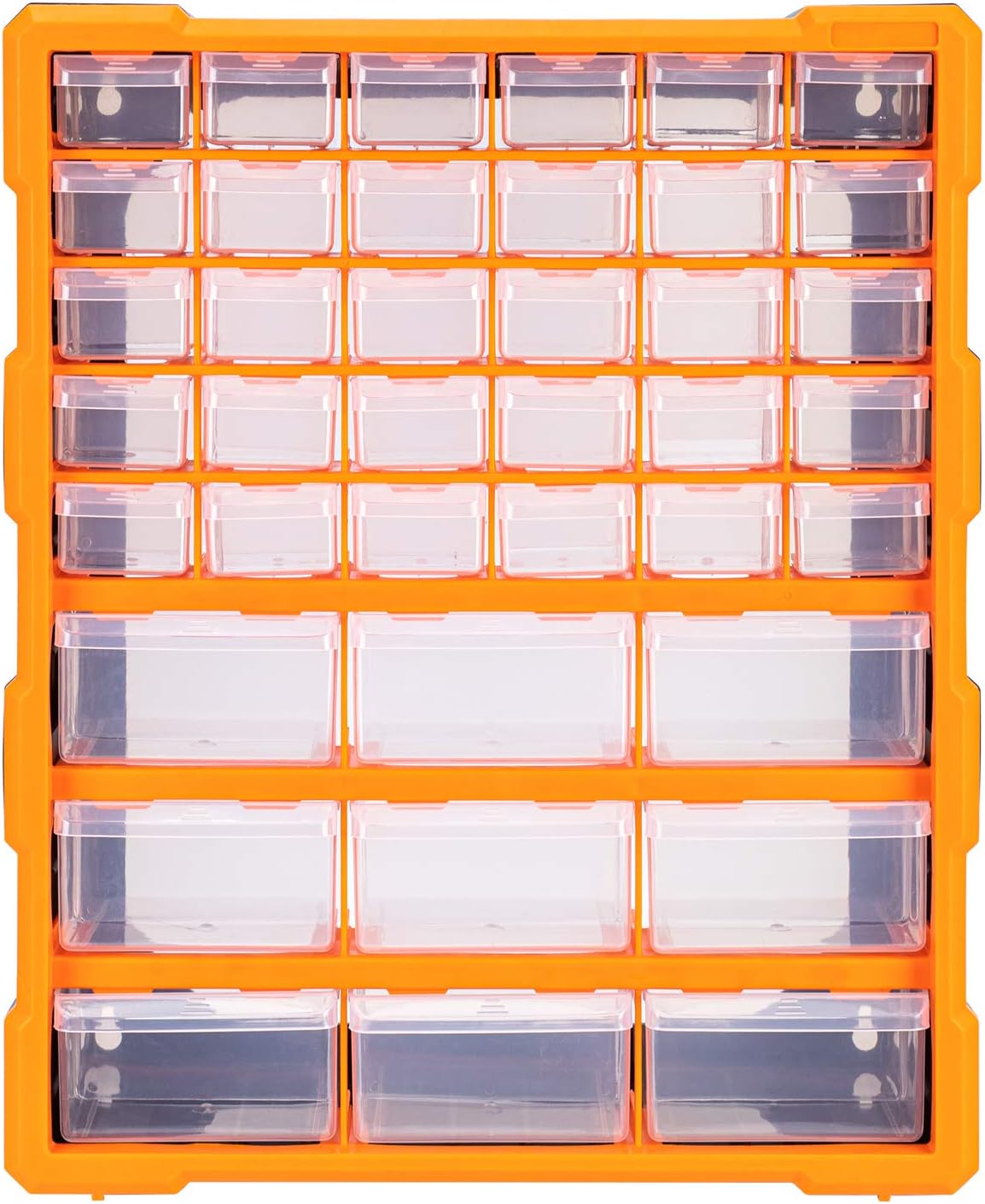 Amazon Basics Wall Mount Hardware and Craft Storage Cabinet Organizer with 39 Drawers, Plastic Garage Organization System with Dividers for Small Parts, Black, Orange, 15" x 6.3" x 18.6"