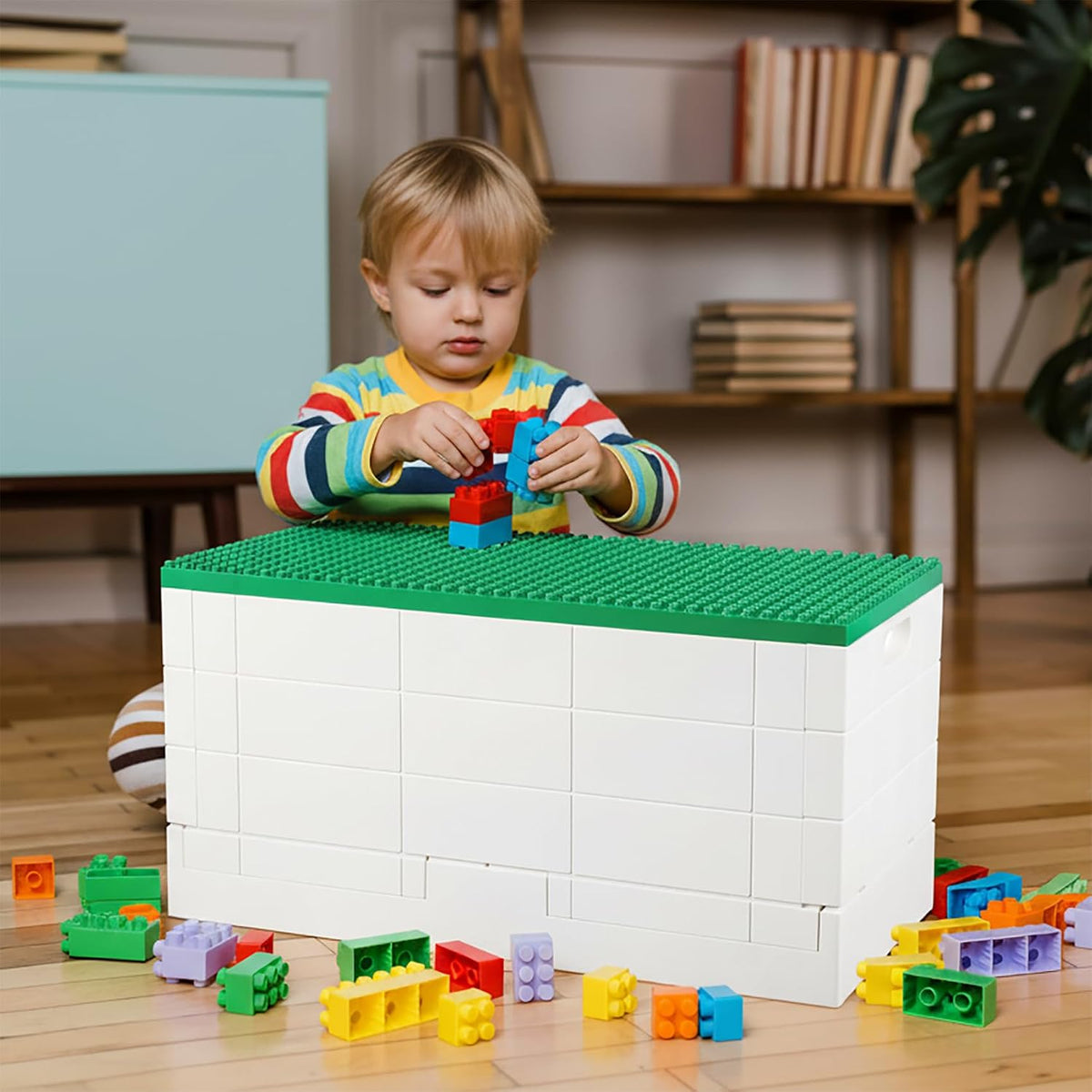 53 Qt. Folding Storage Box with Large Building Lid for Lego Duplo Blocks, 13 Gallon Collapsible Organizer for Lego Bricks (Dark Green)