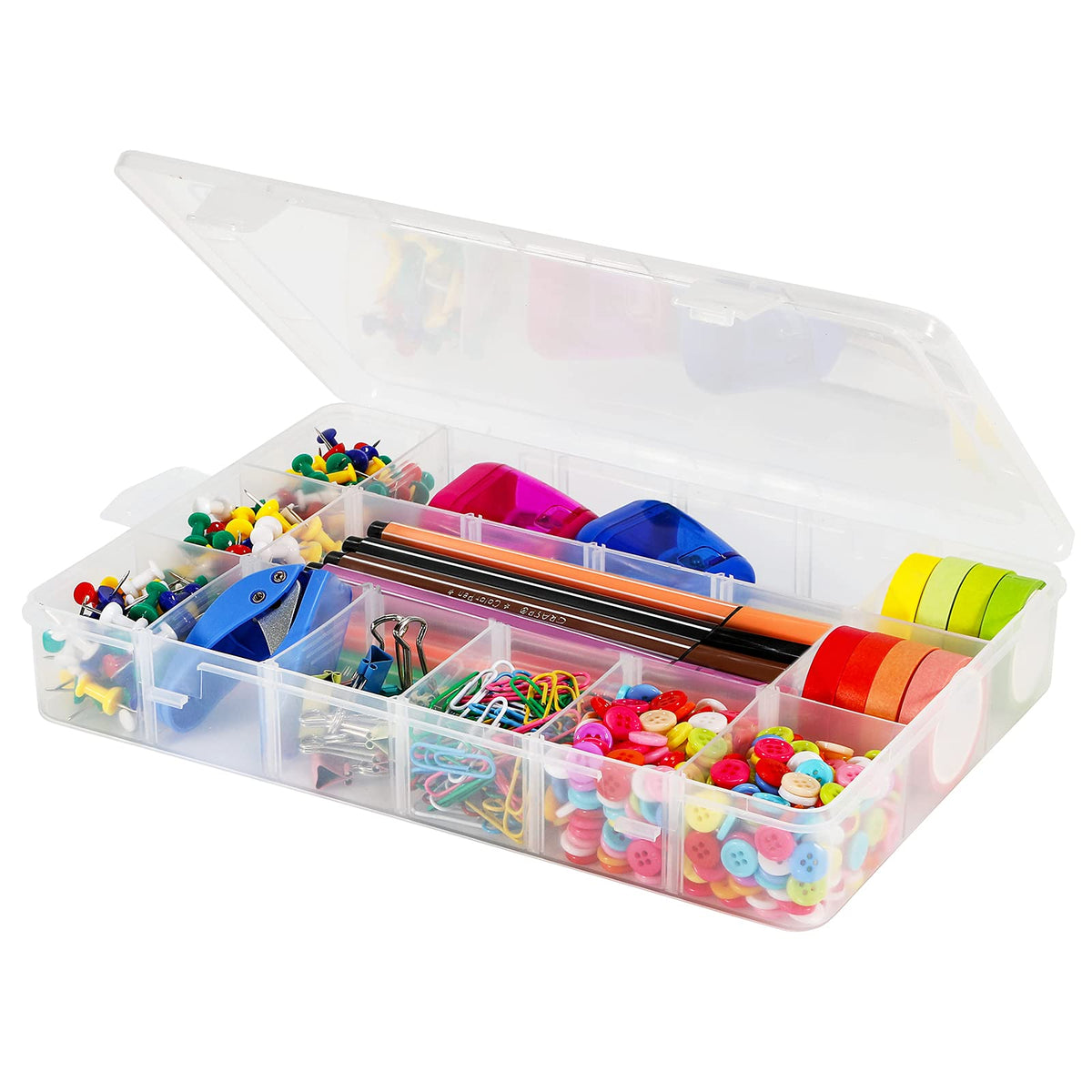 Exptolii 15 Large Grids Plastic Organizer Box with Dividers, 2 Pack Clear Compartment Container Storage for Washi Tapes Beads Crafts Jewelry Fishing Tackles, Size 11 x 6.3 x 2.2 in