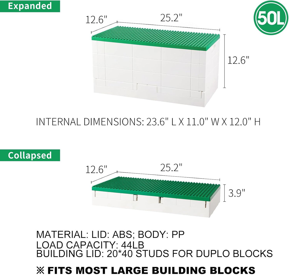 53 Qt. Folding Storage Box with Large Building Lid for Lego Duplo Blocks, 13 Gallon Collapsible Organizer for Lego Bricks (Dark Green)