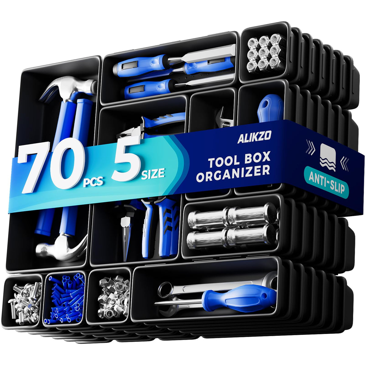 70 PCS Tool Box Organizer Tray & Desk Drawer Organizer Set, 5 Size Interlocking Bins for Garage Tool Storage, Mechanic Tool Chest, Rolling Cart, Workbench Drawers with EVA Non Slip Pads