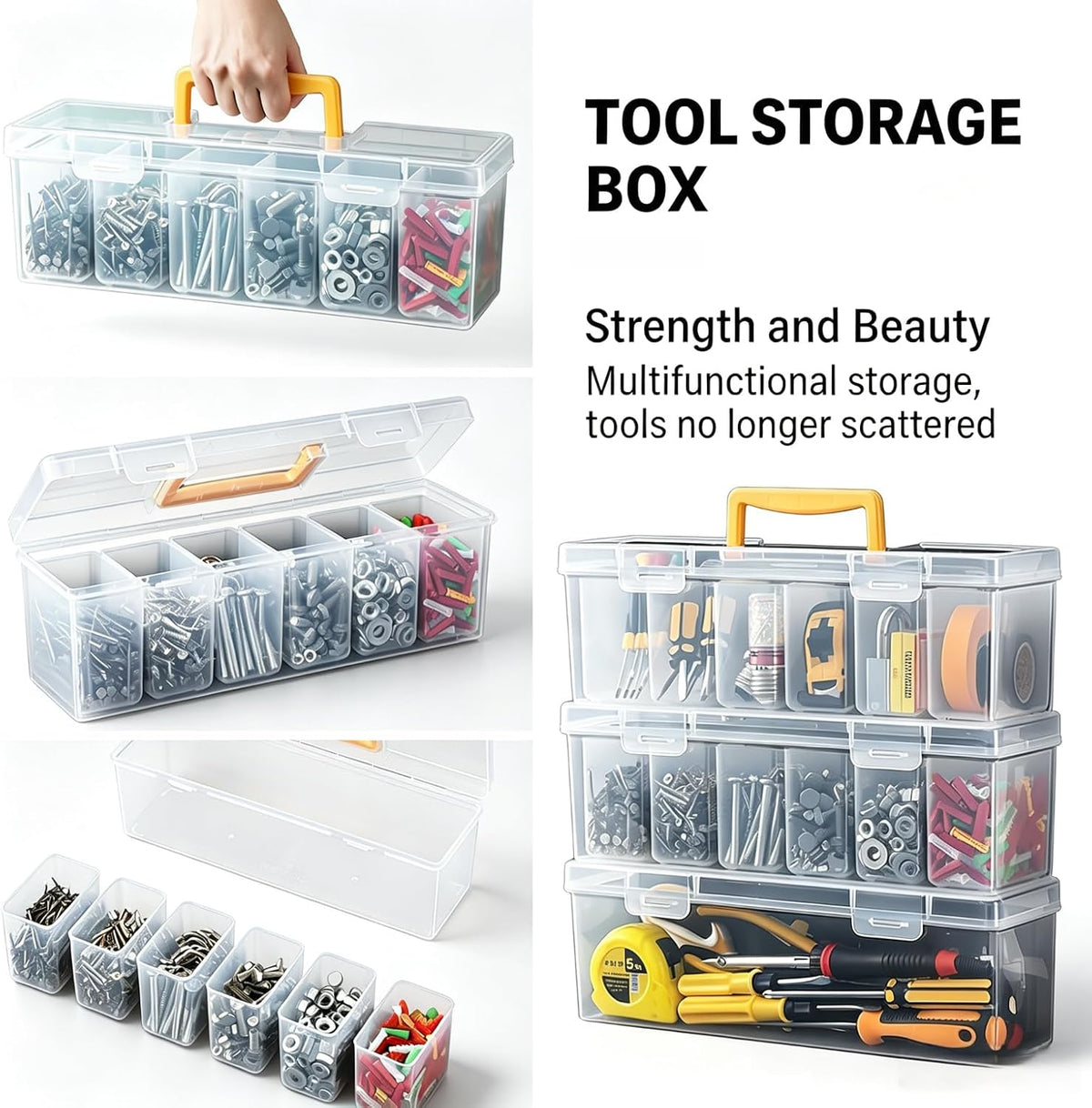 Small Parts Organizer Box with Transparent Lid 2‑Pack, 6-Compartments Movable Organizer Box with for Hardware, Screws, Bolts, Nails, Beads, Jewelry and Fishing Small Accessories, NOT for Large Tools