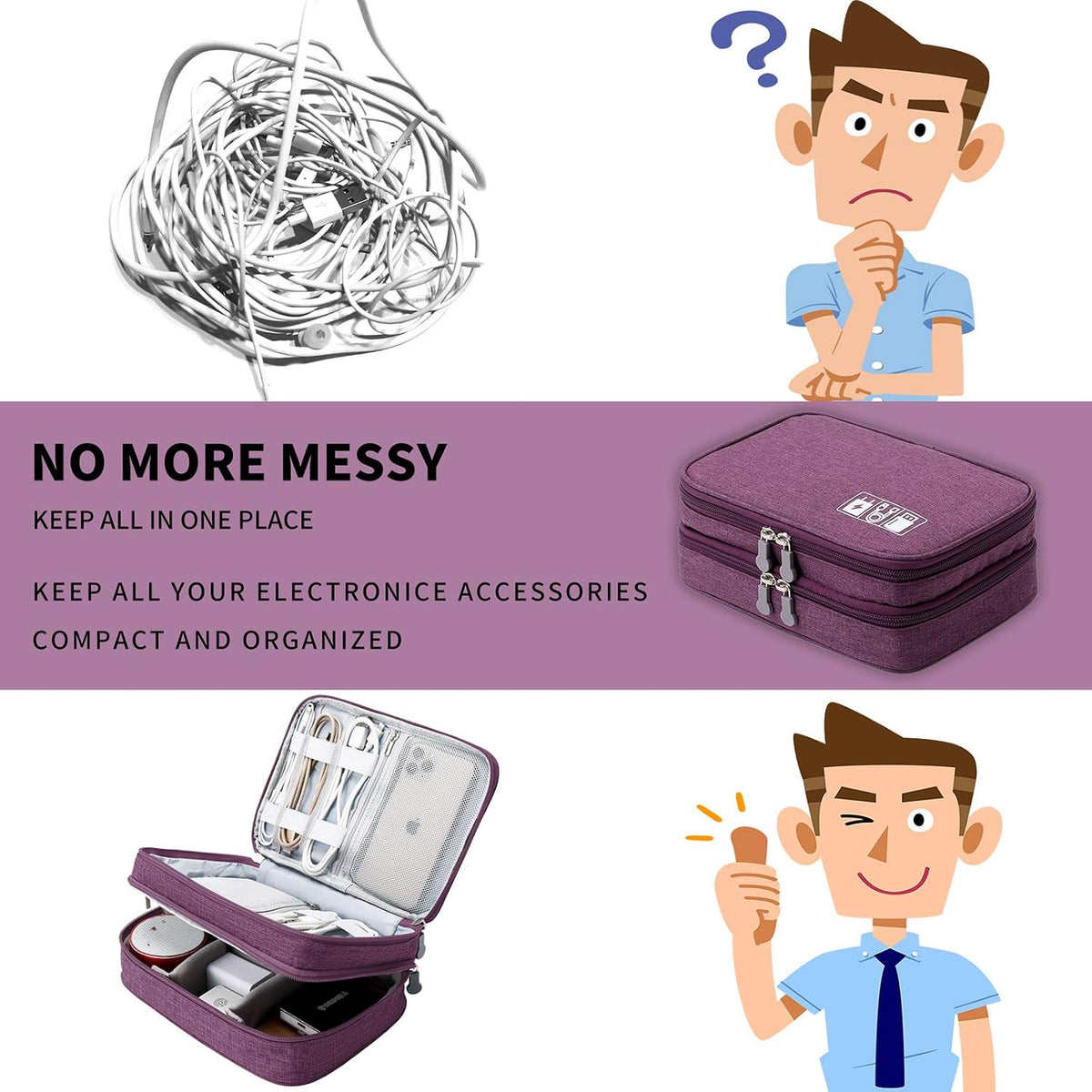 Mygreen Electronic Accessories Organizer Bag, Waterproof Double Layer Travel Storage Case with Adjustable Padded Dividers, Portable Hard Pouch for Cables, Charger, Power Bank, Phone, Hard Drive Purple