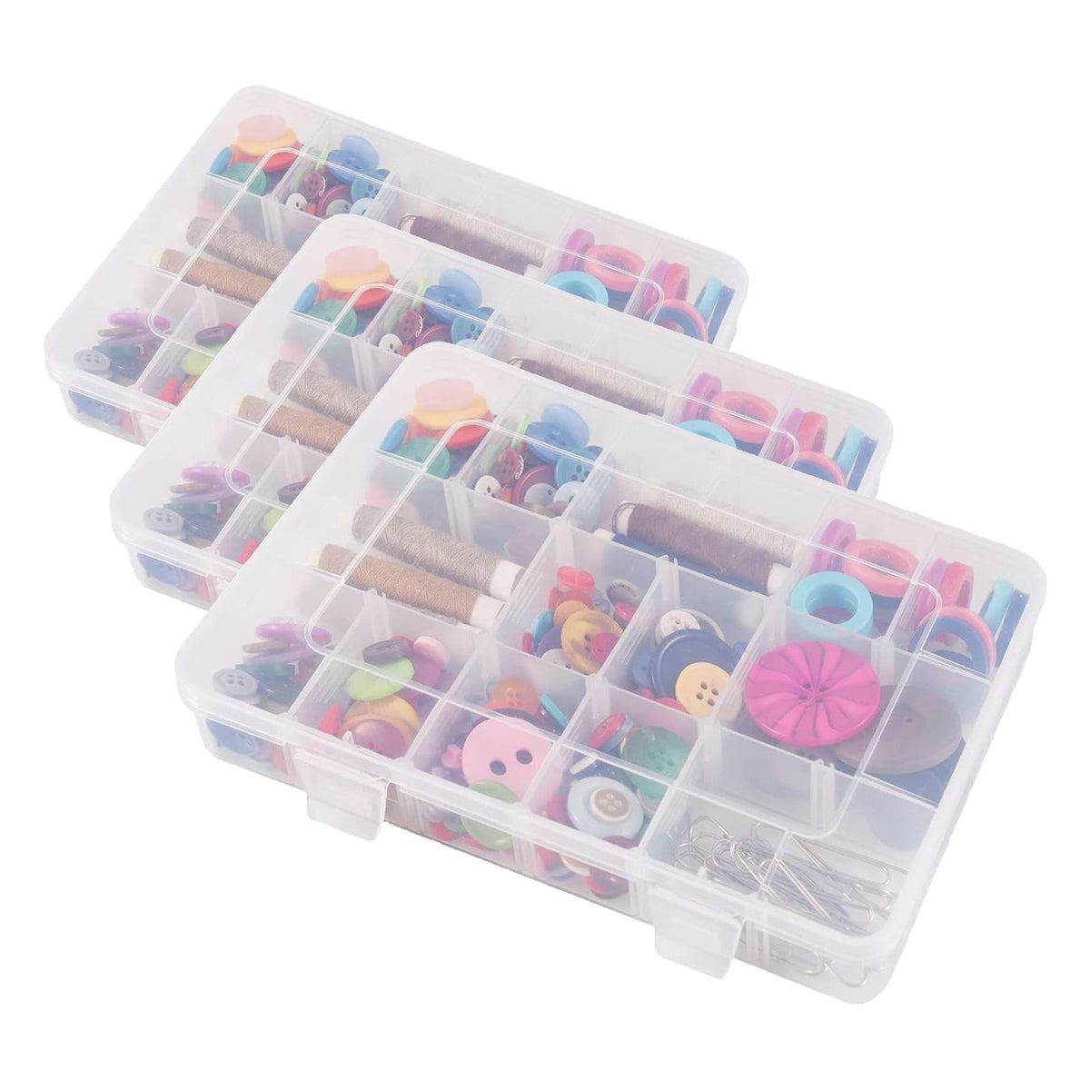 Exptolii 15 Large Grids Plastic Organizer Box with Dividers, 2 Pack Clear Compartment Container Storage for Washi Tapes Beads Crafts Jewelry Fishing Tackles, Size 11 x 6.3 x 2.2 in