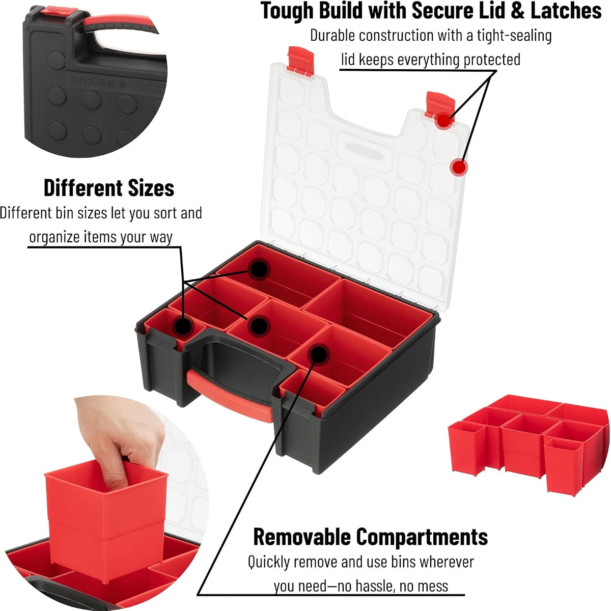 INTERTOOL Hardware Organizer with 7 Deep Removable Bins - Small Parts Storage Tool Box for Nuts, Bolts, Screws, Nails - Portable Handle Transparent Lid with Locks BX08-4032