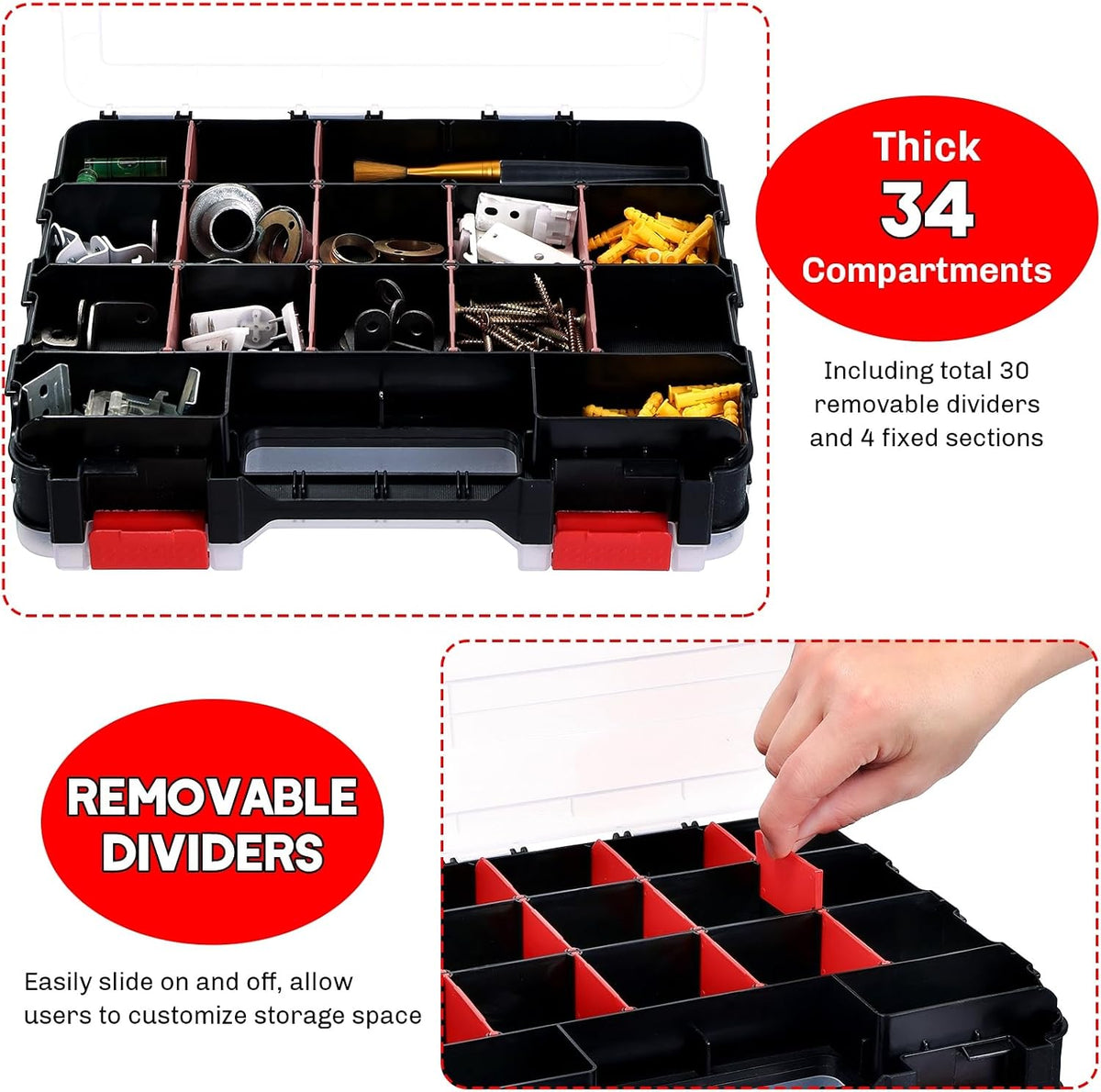 Small Parts Organizer Storage Case Tools Box 34-Compartments (Red)