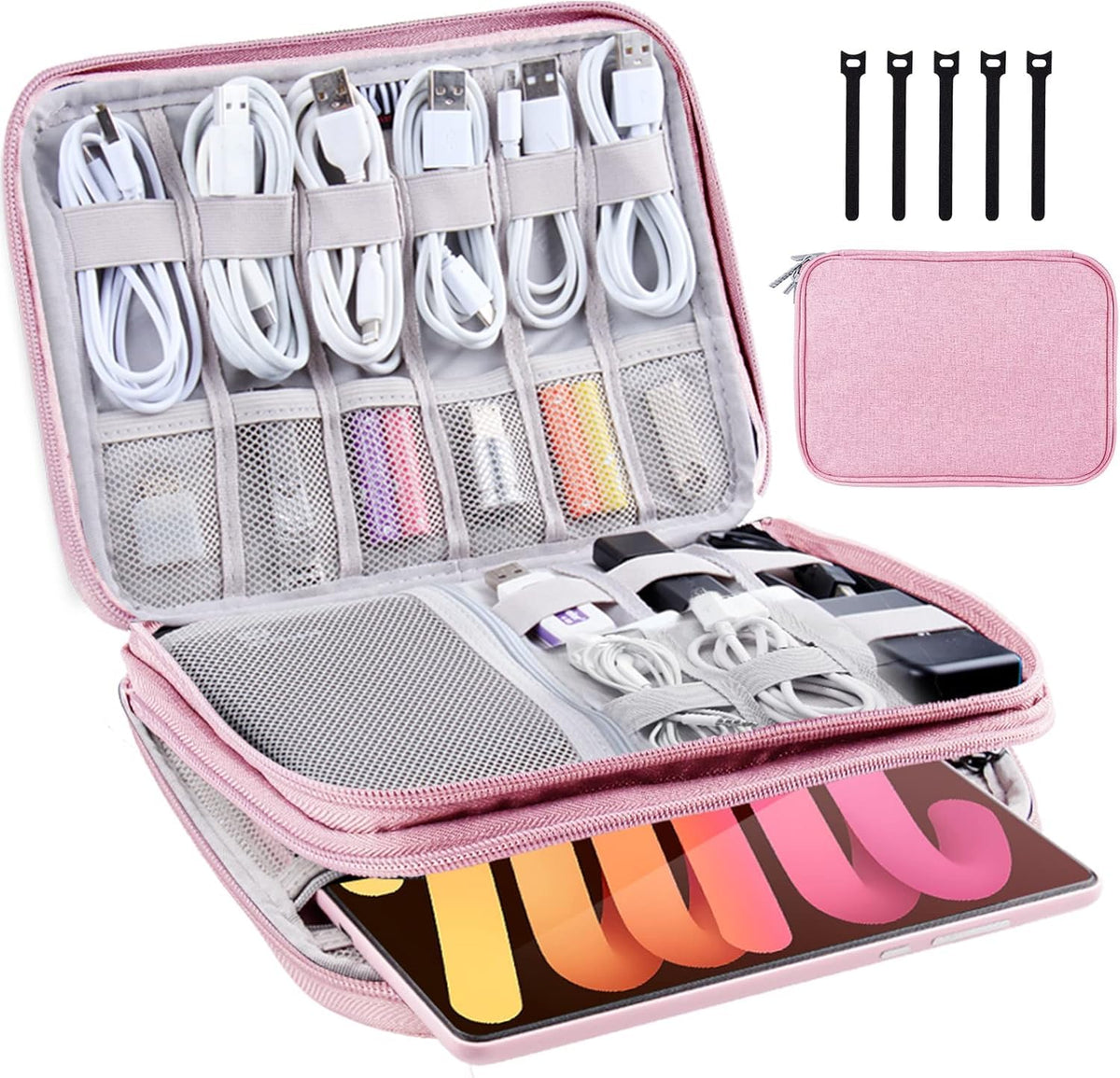 Electronics Organizer Travel Case Cord Cable Charger Organizer Bag Travel Accessories Essentials for Women Men Double Layers Tech Pouch with 5 Cable Ties for Phone Power Bank SD Card USB, Black