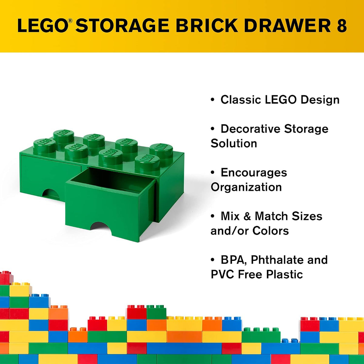 LEGO Brick Drawer, 8 Knobs, 2 Drawers, Stackable Storage Box, Dark Green