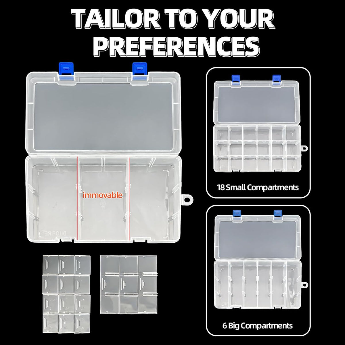 DUOFIRE Plastic Organizer Storage Box, Adjustable Divider 18 Grids, 2 Pack