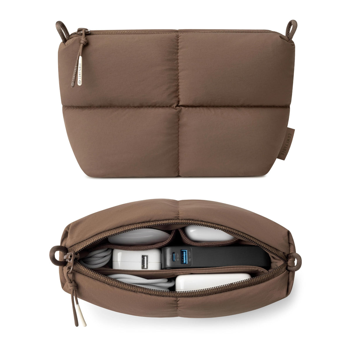 Comfyable Puffy Electronics Organizer Travel Case, Cute Tech Pouch for Women Men, Cable Storage Bag for Charger, Phone, Power Bank, Cord, Compact Tech Accessories Pouch, Mocha Brown