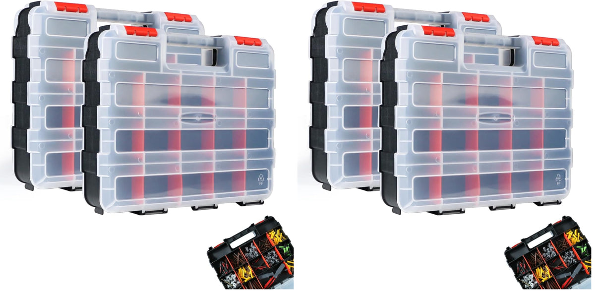 AMM Tool Box, Double Side Tool Box Organizer with 34 Compartments, Removable Dividers, Tackle Box Small Parts Screw Hardware Organizer for Screws, Nuts, Nails and Bolts (2 Piece, Red)