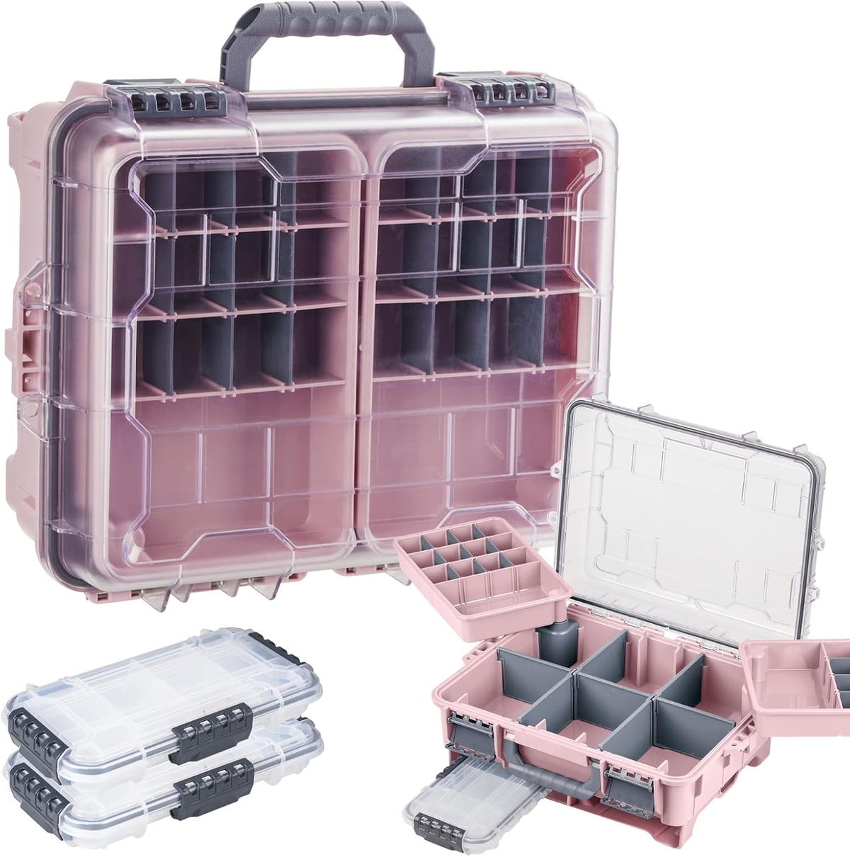 THKFISH Waterproof Tackle Box, Portable Fishing & Tackle Storage Box with Two 3500 Stowaway Boxes and Removable Dividers, Tackle Box, Thicker Floating Airtight Stowaway,Pink/Green/Blue/Grey