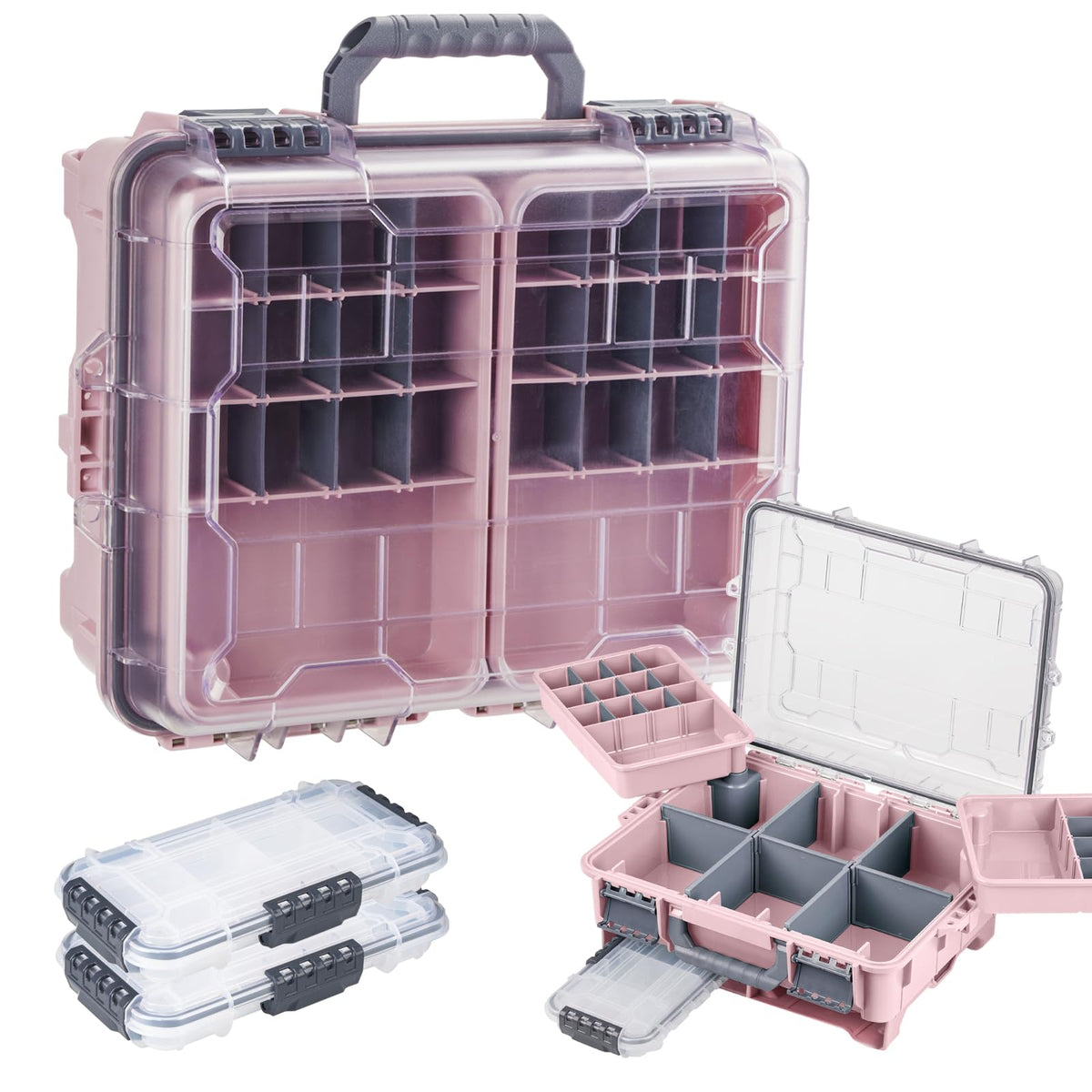 THKFISH Waterproof Tackle Box, Portable Fishing & Tackle Storage Box with Two 3500 Stowaway Boxes and Removable Dividers, Tackle Box, Thicker Floating Airtight Stowaway,Pink/Green/Blue/Grey