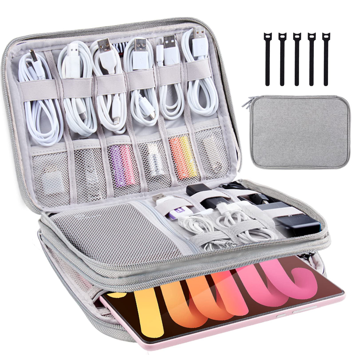 Electronics Organizer Travel Case Cord Cable Charger Organizer Bag Travel Accessories Essentials for Women Men Double Layers Tech Pouch with 5 Cable Ties for Phone Power Bank SD Card USB, Black