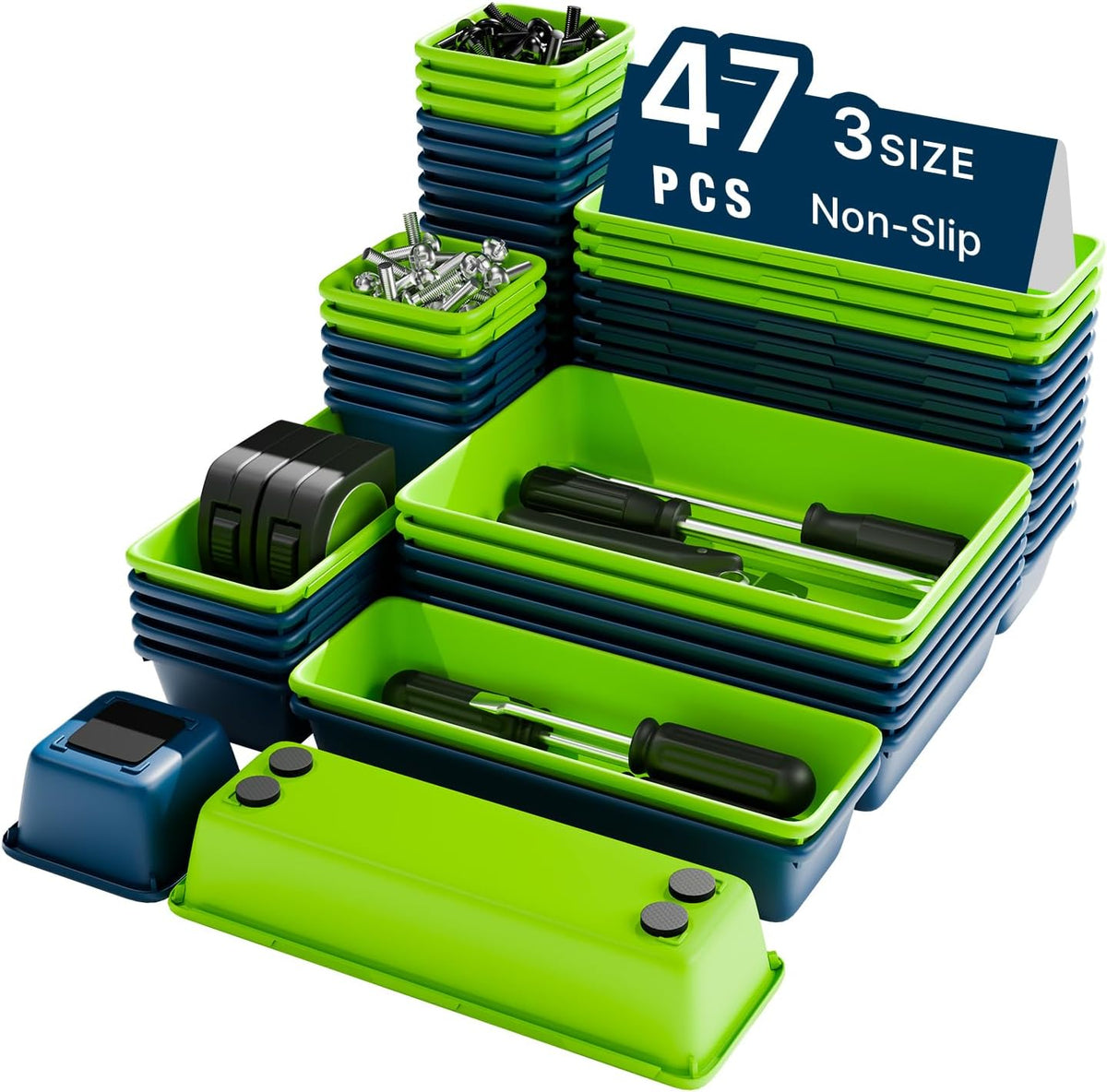 47pcs Tool Box Organizer, Tool Drawer Organizer Trays with Non-slip EVA Pads – Interlocking Divider Set, Fit Garage Storage Desk Drawers & Rooling Tool Cart (Blue & Green 47PCS)