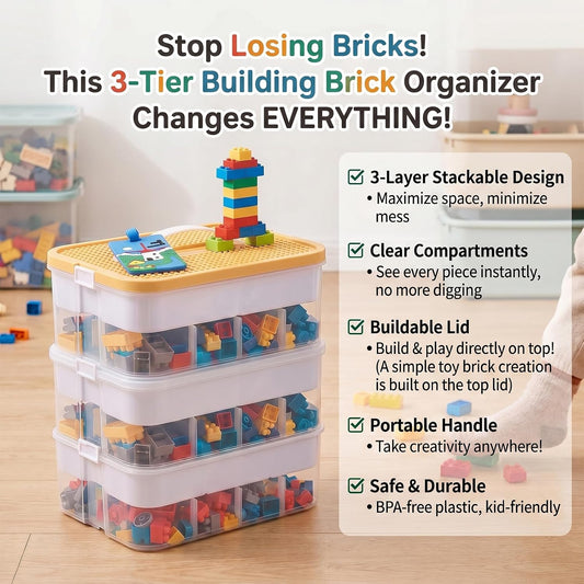 3-Layer Toy Storage Box with Lid, Plastic Organizer for Kids lego Blocks