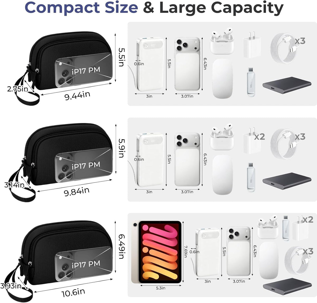Skycase Electronics Travel Organizer 9 Compartment Dual Layer Tech Pouch Lightweight Water Resistant Travel Cable Organizer Bag for Chargers Cords Phone Power Bank Tech Essentials and Daily Items