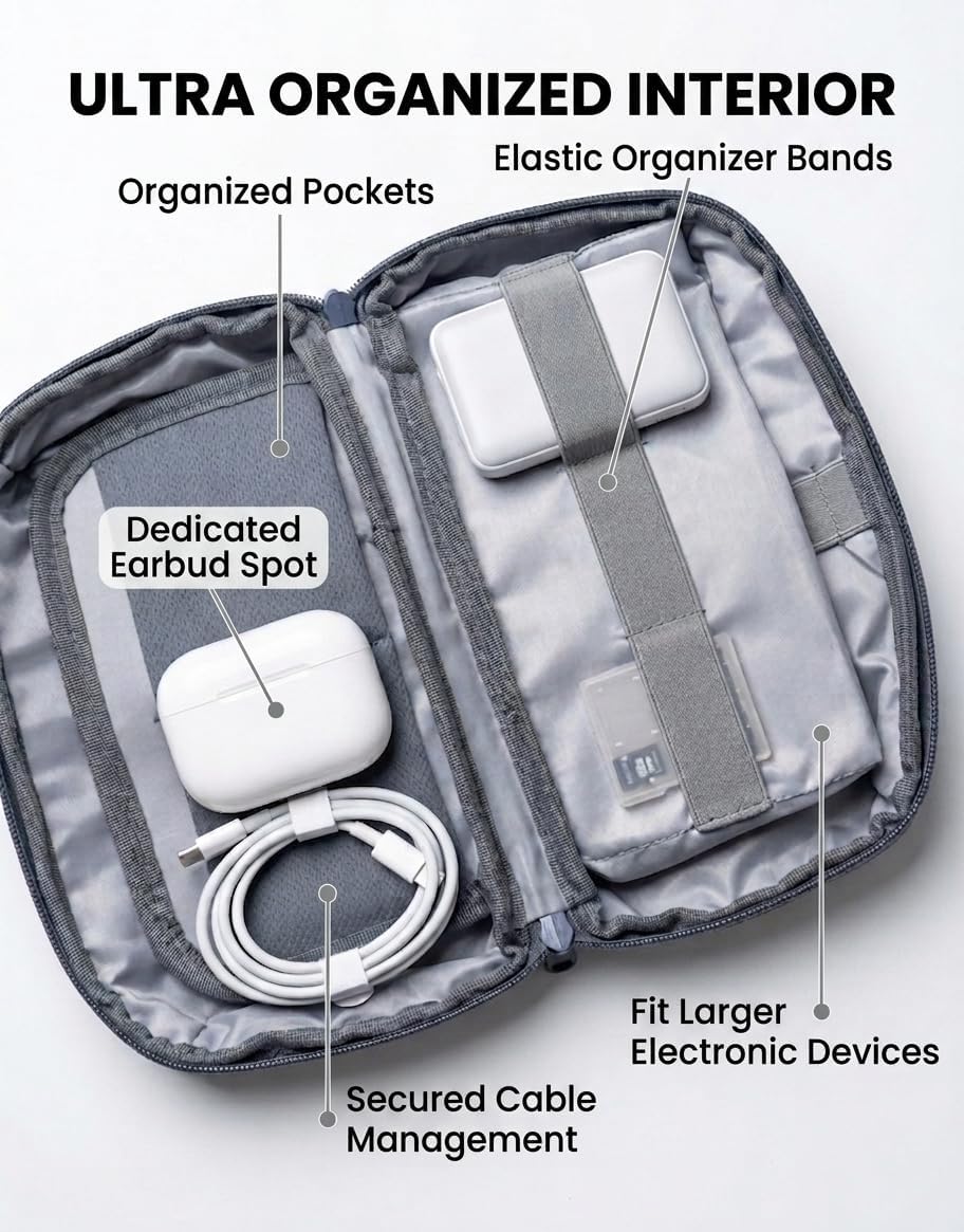 Tech Pouch & Travel Organizer, Electronics Case, 2 Cable Straps, Grey