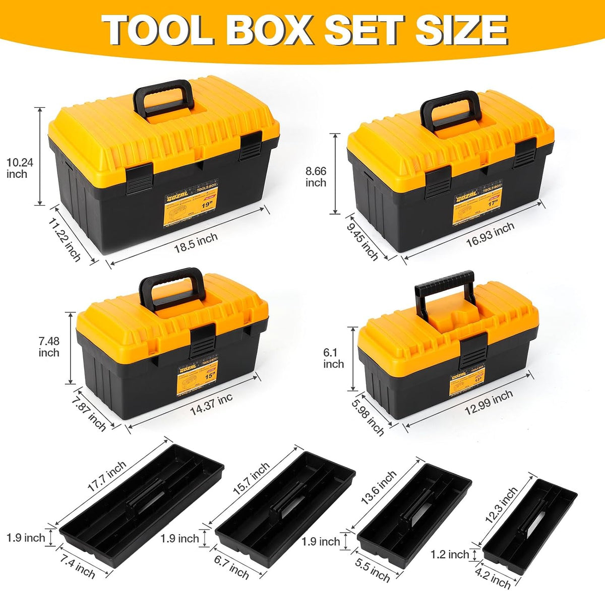 Tool Box Set of 4, Large Plastic Stackable Tool Boxes