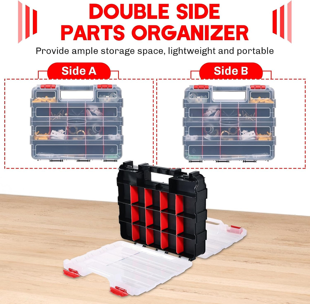 Small Parts Organizer Storage Case Tools Box 34-Compartments (Red)