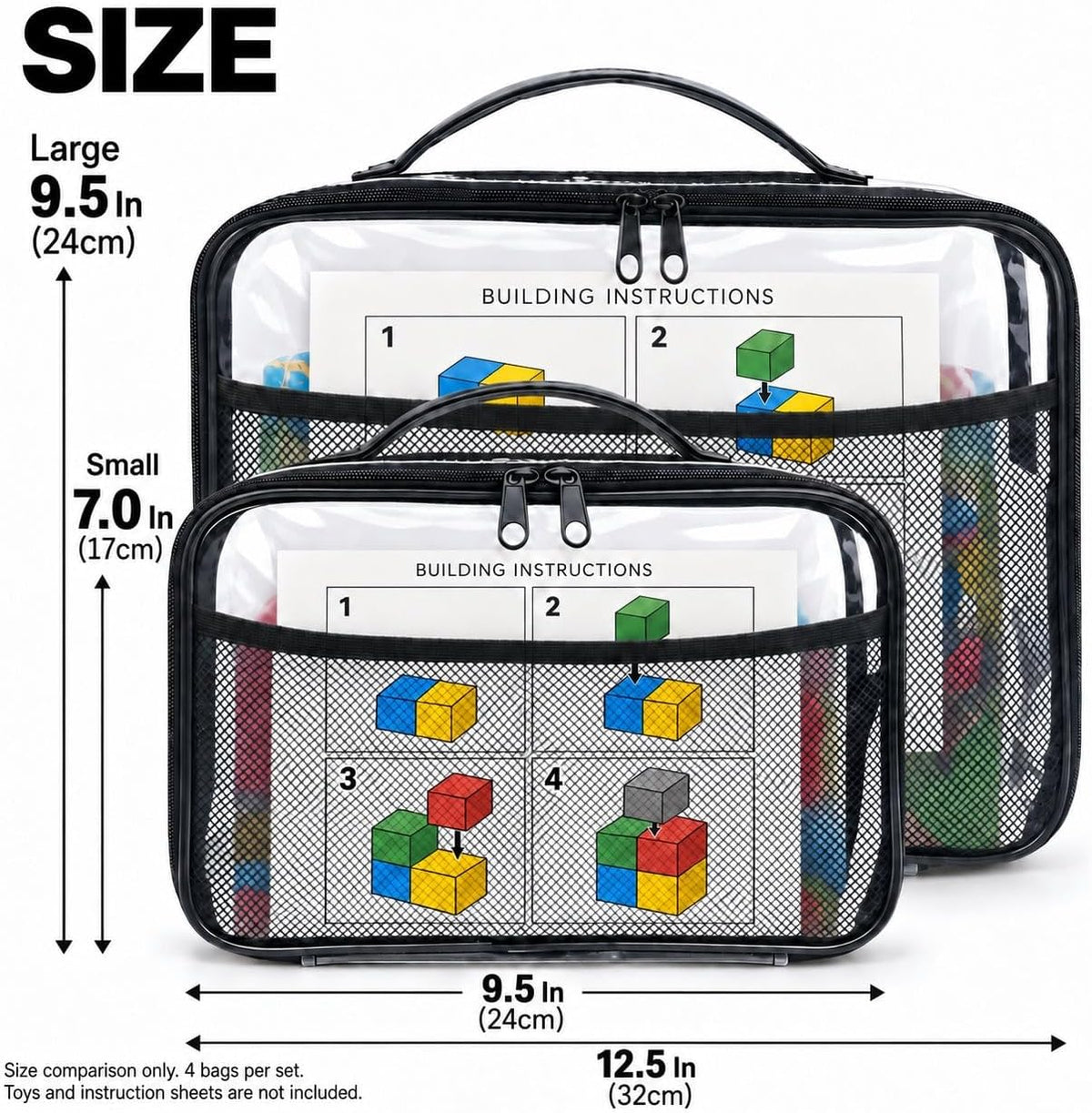 Toy Storage Organizer Clear 4 Pack Building Bricks Blocks Bag with Zipper
