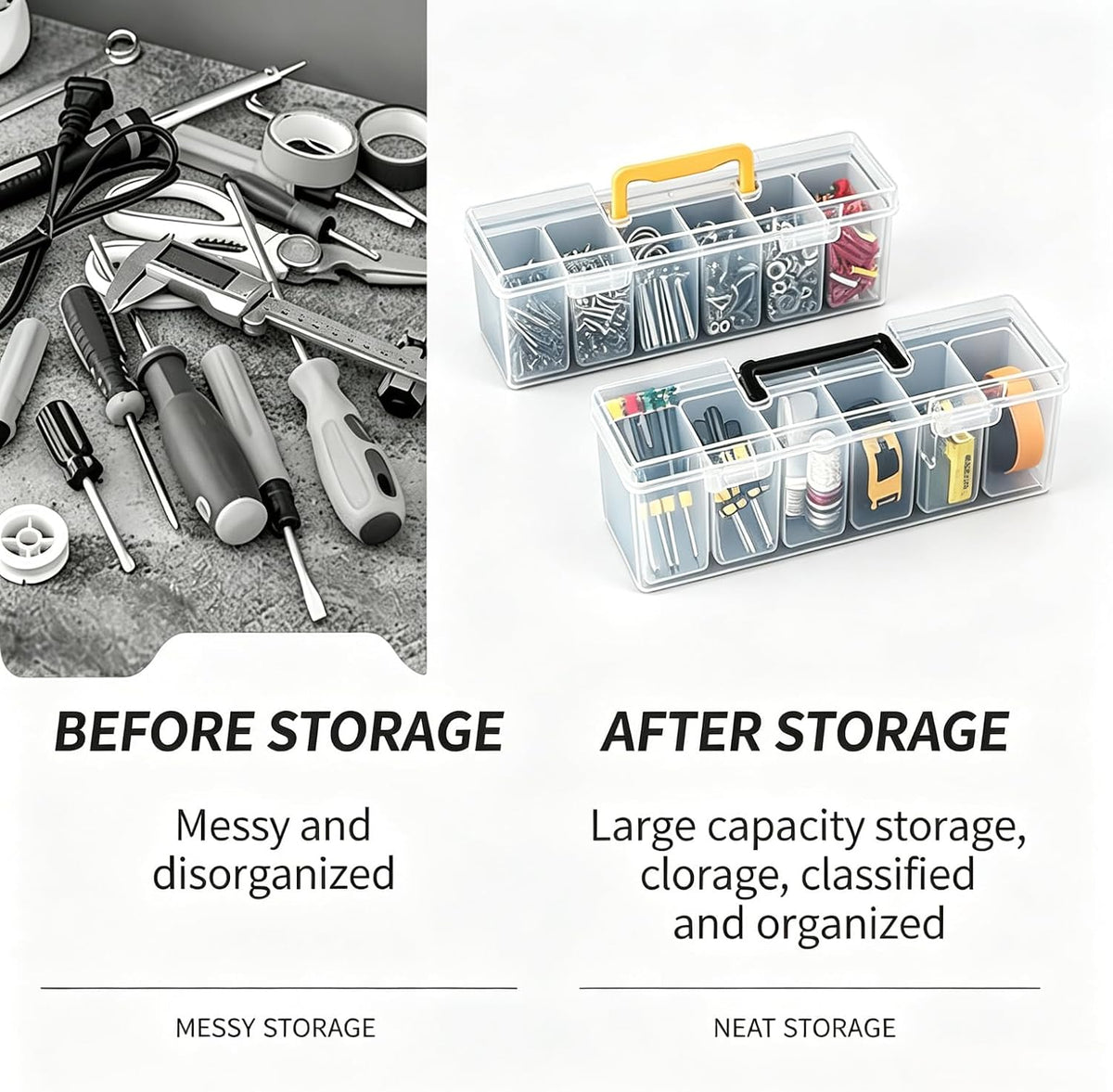Small Parts Organizer Box with Transparent Lid 2‑Pack, 6-Compartments Movable Organizer Box with for Hardware, Screws, Bolts, Nails, Beads, Jewelry and Fishing Small Accessories, NOT for Large Tools