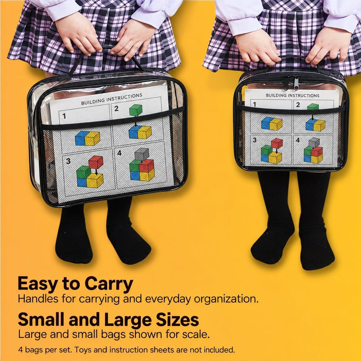 Toy Storage Organizer Clear 4 Pack Building Bricks Blocks Bag with Zipper