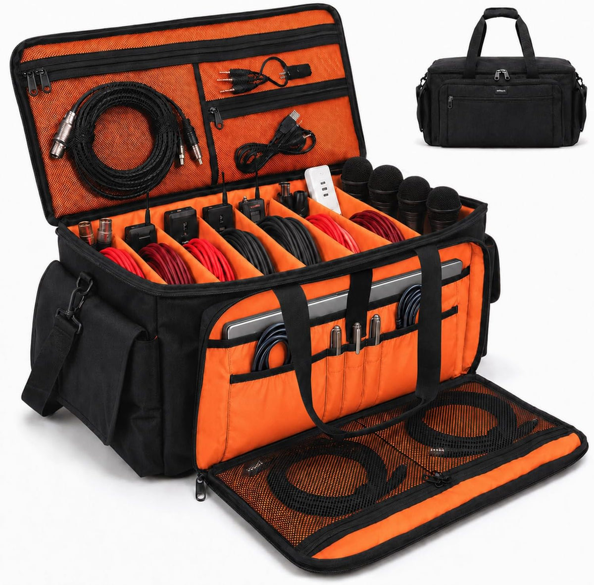 Large DJ Cable Bag Organizer with Laptop Pocket & Adjustable Dividers