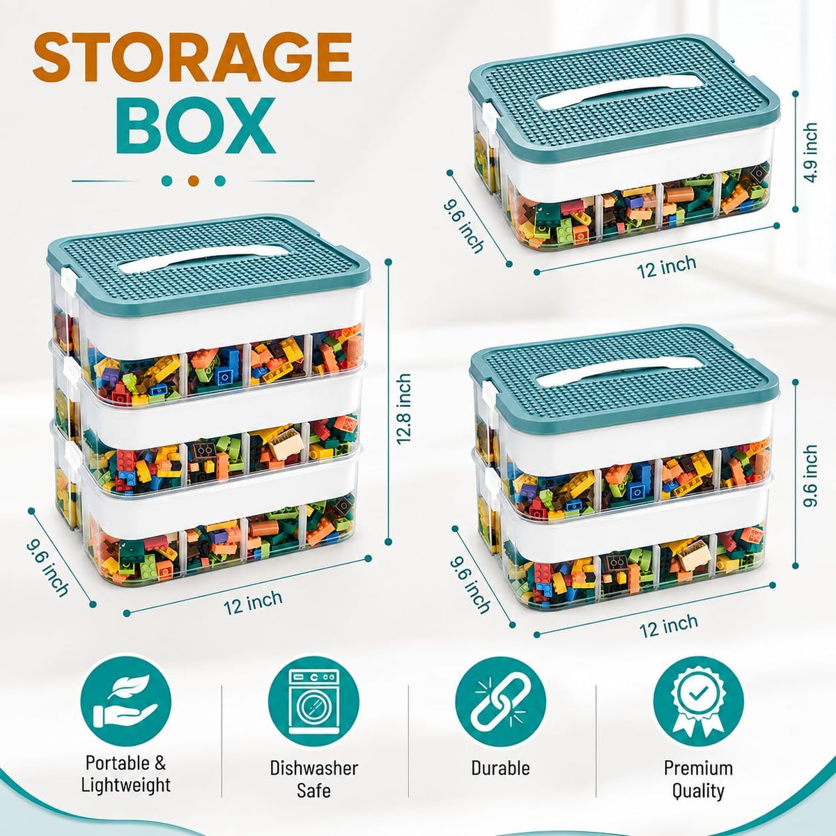 3-Tier Stackable Toy Storage with Building Block Lid & Bricks Organizer