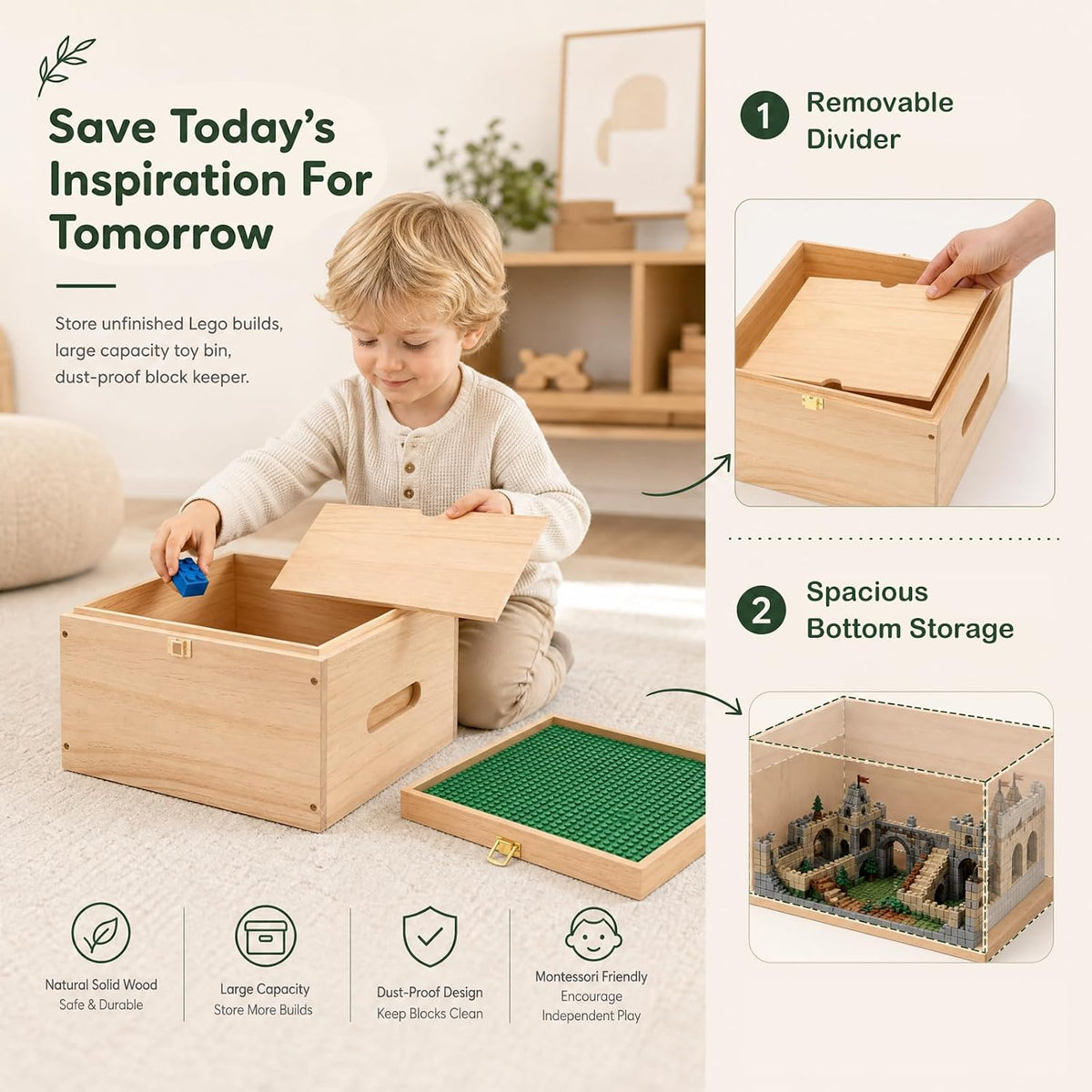 Wooden Storage Box for Lego with Dual-Sided Building Baseplate Lid