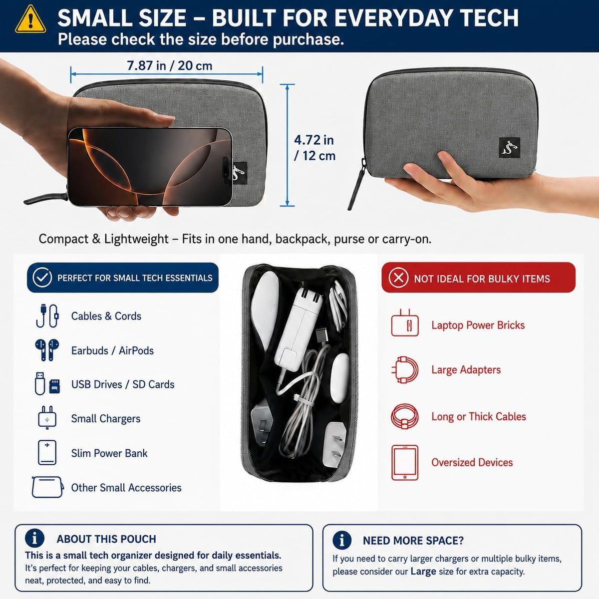 Small Electronics Organizer Travel Case, Cord and Cable Tech Bag Pouch
