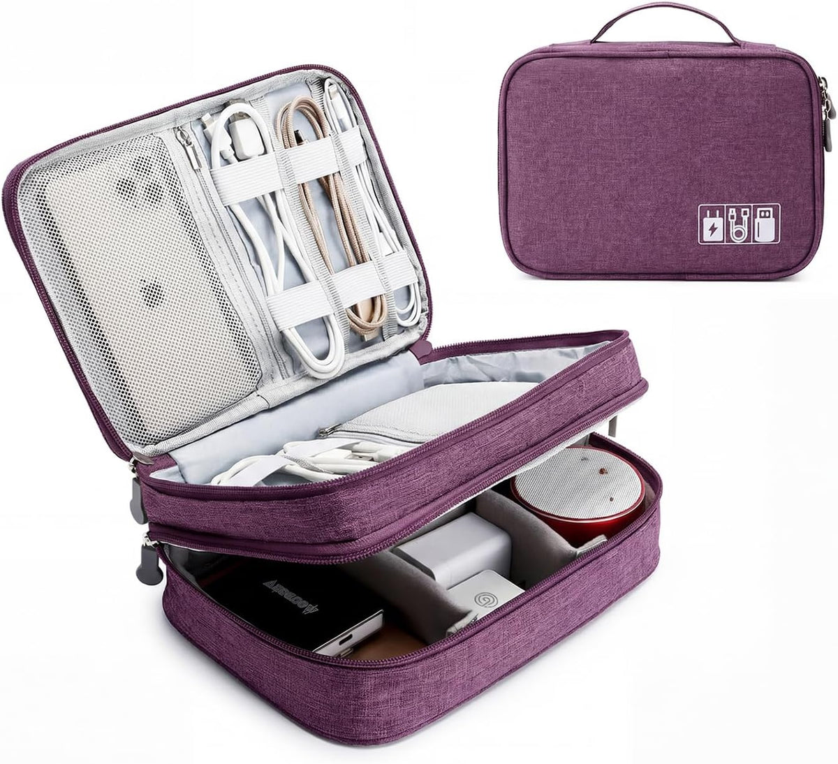 Lanola Travel Cable Organizer Bag, Electronic Accessories Case Portable Double Layer Cable Storage Bag for Cord, Charger, Flash Drive, Phone, SD Card,Personal Items - (Purple)
