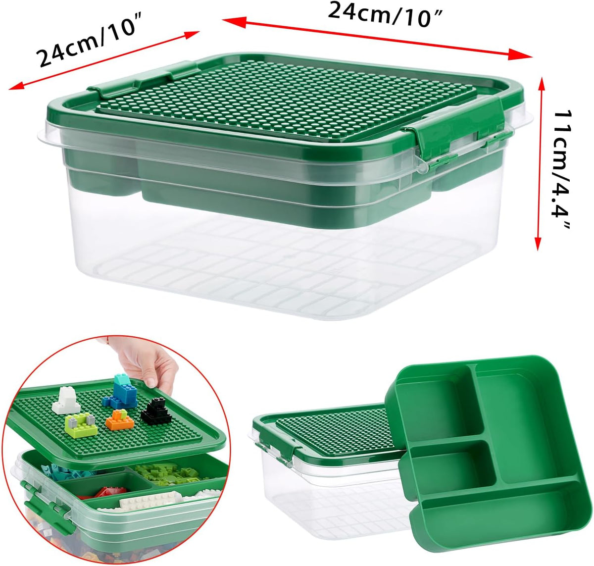 Plastic Storage Container with Bricks Baseplate Lid for Blocks, Green
