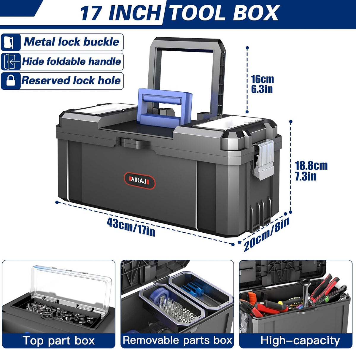 AIRAJ 3-In-1 Rolling Tool Box with Wheels, Stackable Tool Box,17+19+21"