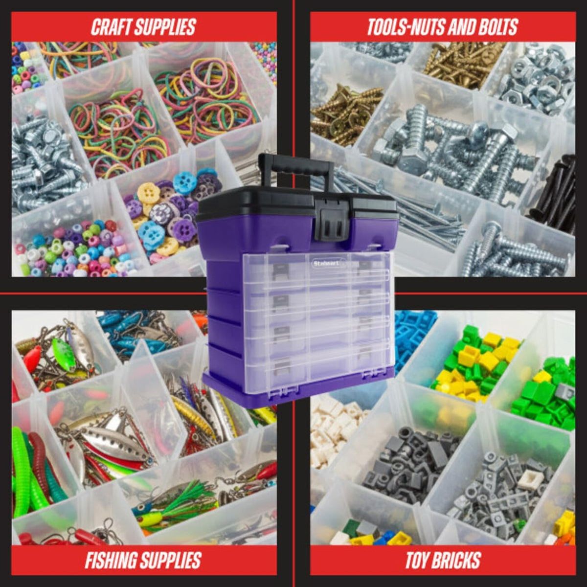 Storage and Tool Box-Durable Organizer Utility Box-4 Drawers with 19 Compartments Each for Hardware, Fish Tackle, Beads, and More by Stalwart (Purple)