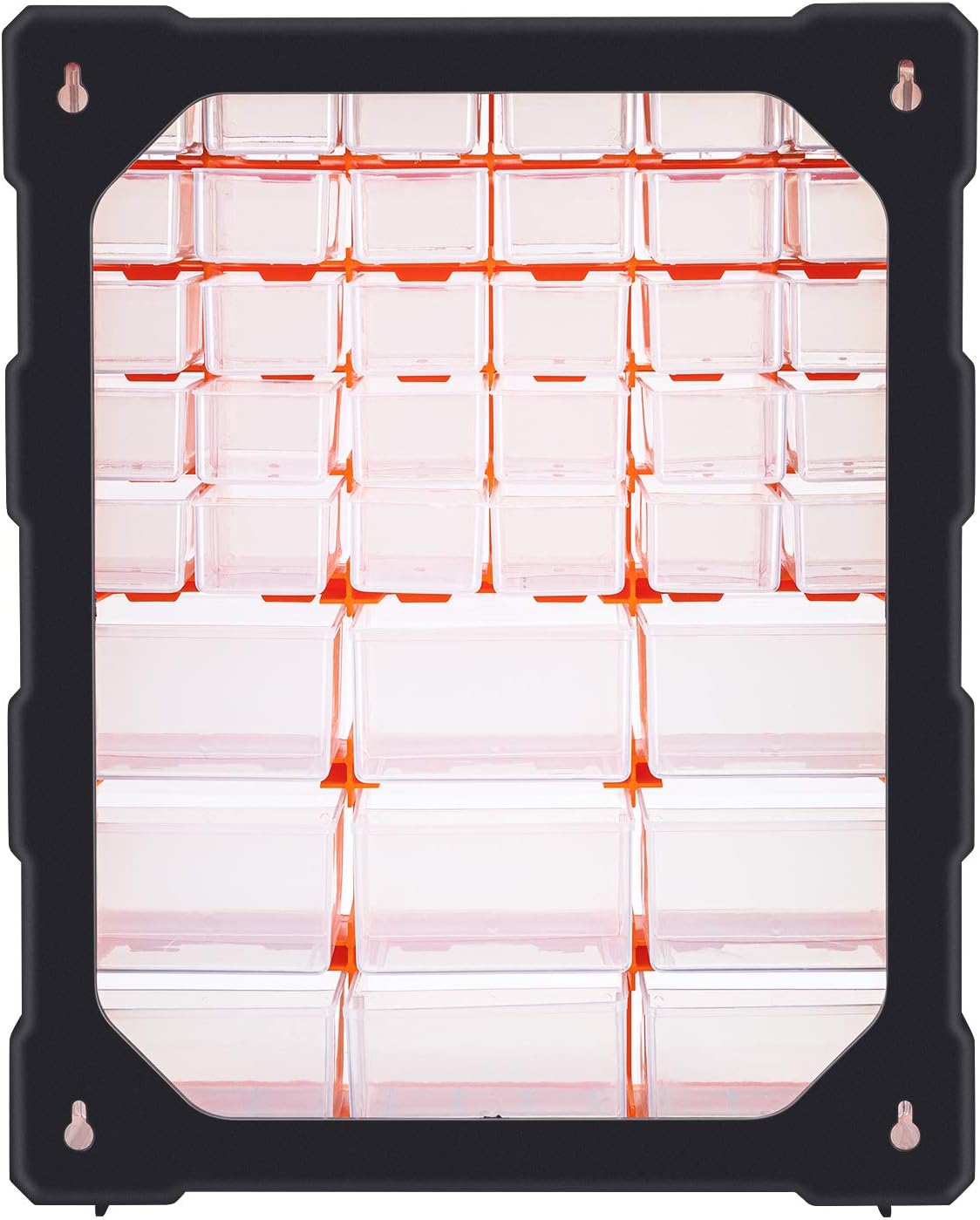 Amazon Basics Wall Mount Hardware and Craft Storage Cabinet Organizer with 39 Drawers, Plastic Garage Organization System with Dividers for Small Parts, Black, Orange, 15" x 6.3" x 18.6"