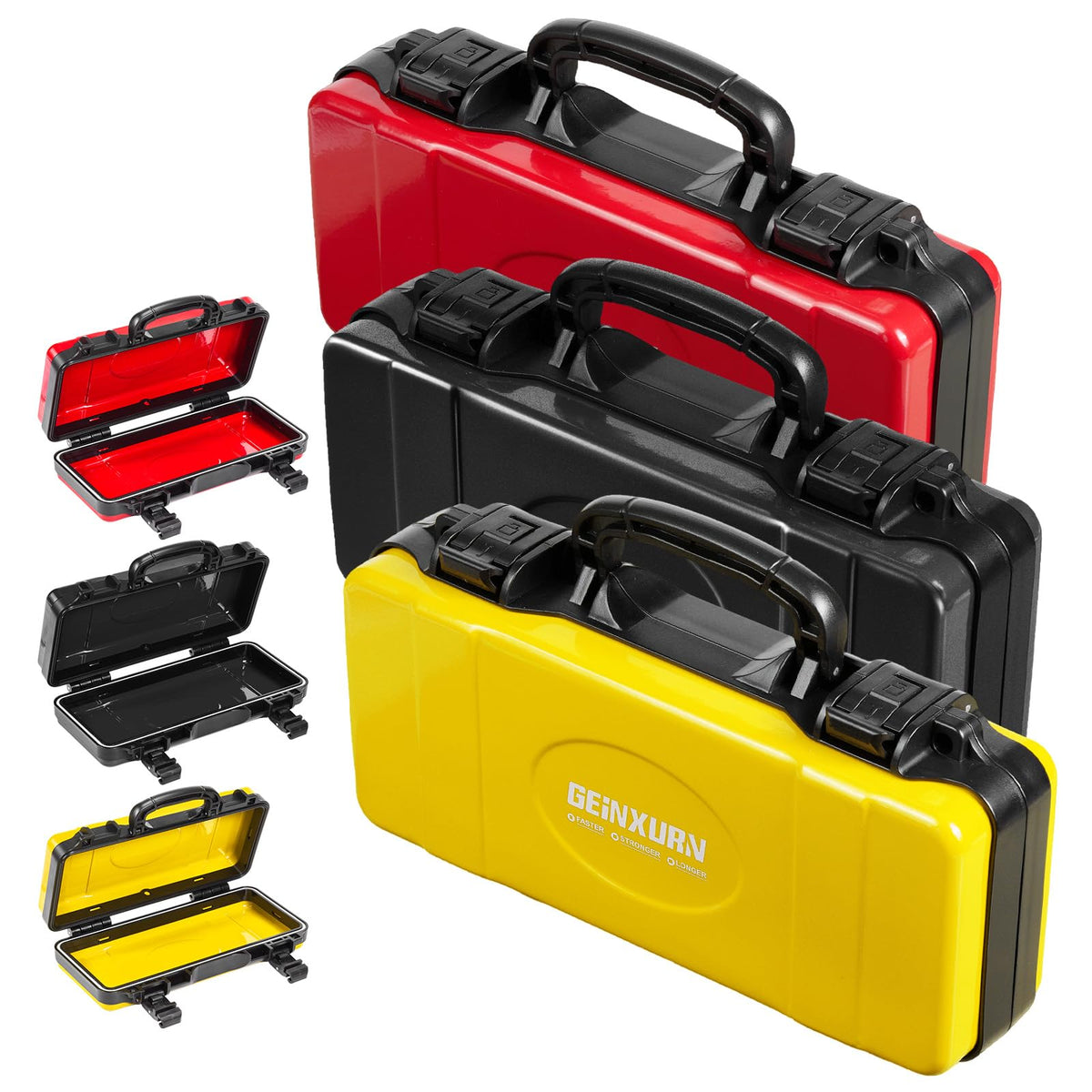 Geinxurn 3 Pieces Metal 11 Inches Steel Tool Organizer Portable Toolbox Red, Black and Yellow, Durable ABS Tool Storage with Plastic Handle and Double-Buckles