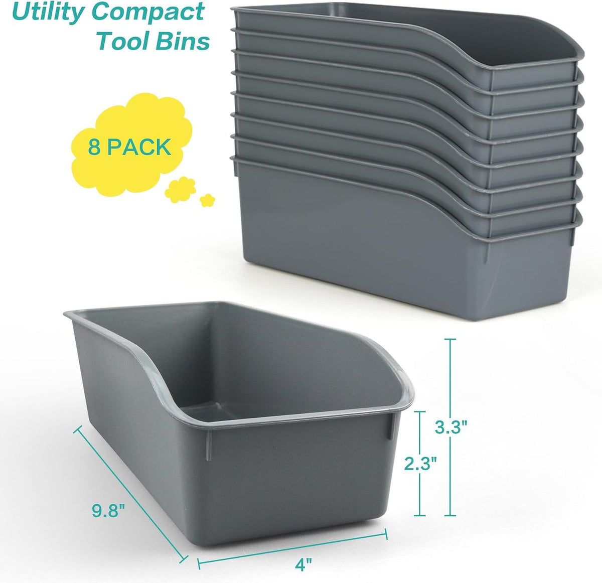 Plastic Shelf Bins 8 Pack Open Top Tool Organizers for Garage (Gray)