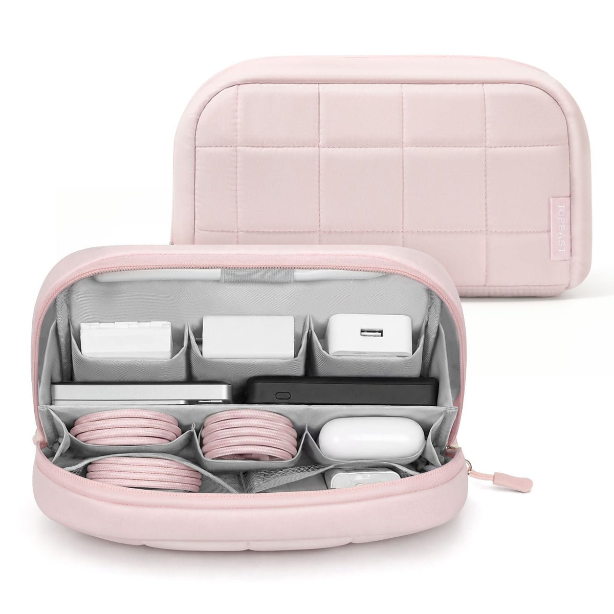 TOPEAST Quilted Cable Organizer Bag, Soft Tech Pouch & Travel Electronics Case with Elastic Pen Loop, Tangle-Free Cord Organizer for Women, Office Desk, AirPods, Chargers & Accessories, Pink