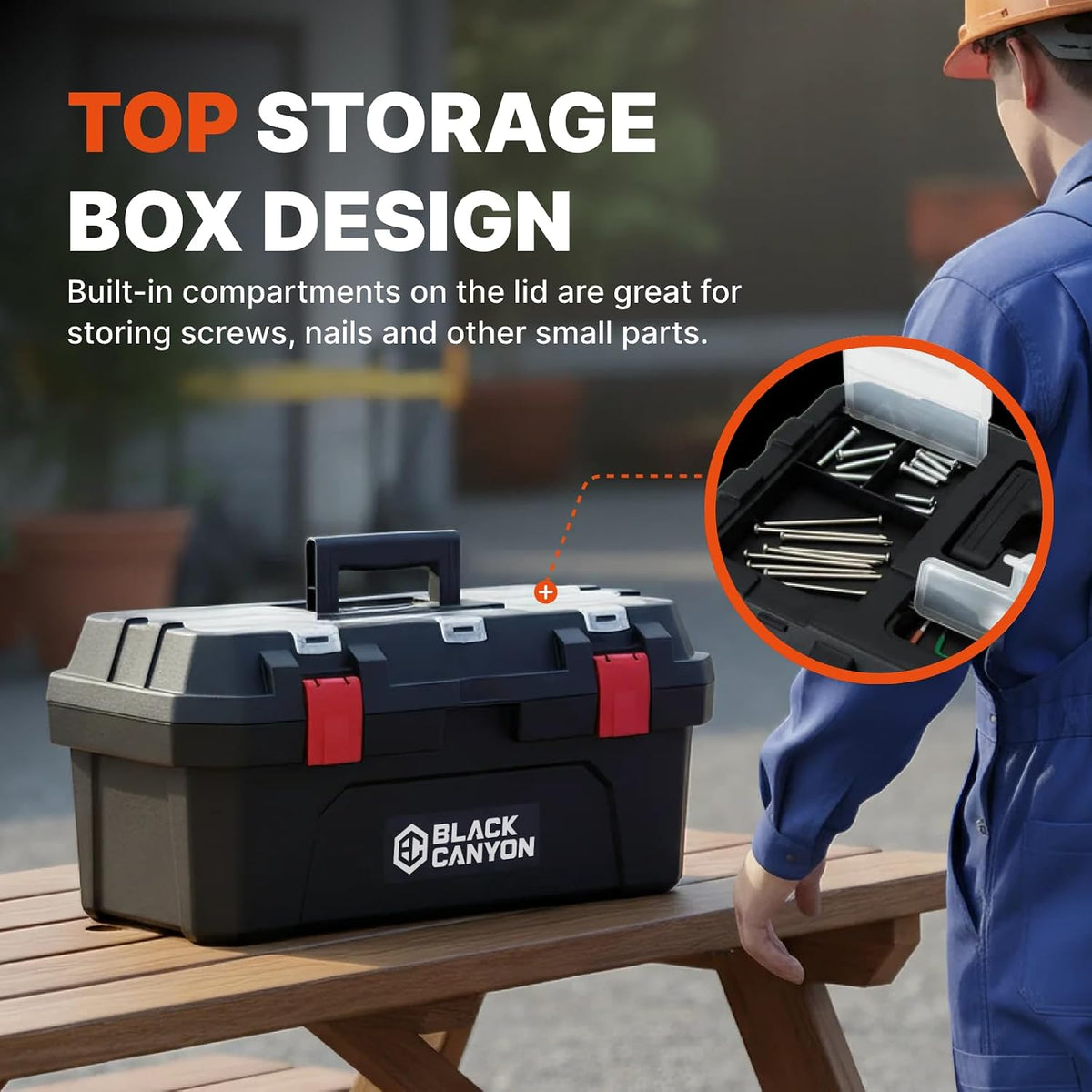 Black Canyon Tool Box - 19 Inch Plastic Dual-Layer Design, 44 lbs Load Capacity Portable Tool Box, Ergonomic Handle, Stackable & Top-Lid Storage, Perfect for DIY, Workshop & Job Site Organization